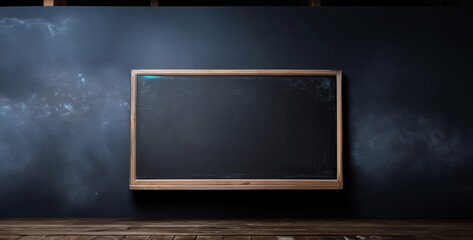 empty blackboard on a wall, blank blackboard with chalk, empty black board on empty black wall blue...
