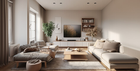 living room interior, modern living room, cozy living room with 3 white walls and 1 gray wall, 