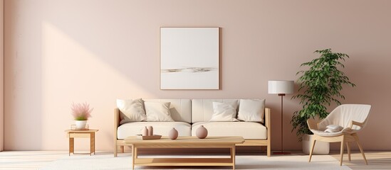Real photo of an apartment interior with a table, flowers, carpet, posters, sofa, and armchair.