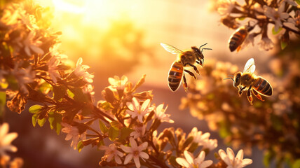 swarm of honey bees flying in the yellow flower garden - obrazy, fototapety, plakaty