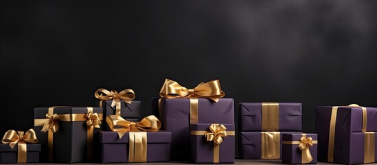 Purple and golden ribbon adorned gift boxes with a Black Friday banner. Preparing and packaging gifts for celebration, with room for customization.