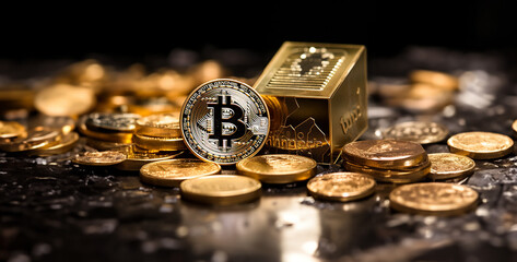gold and silver, bitcoins on a gold, trading bitcoin graphic gold color