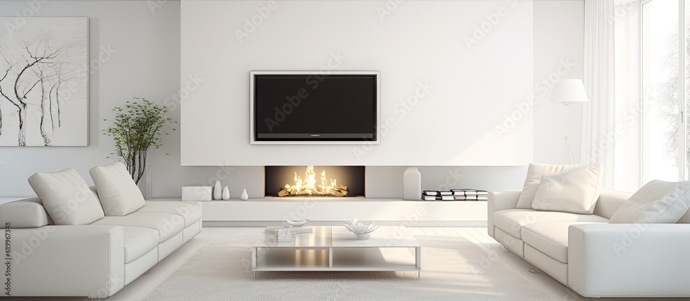 Wall mural Sleek, white living space with fireplace, tv, table, and sofas.