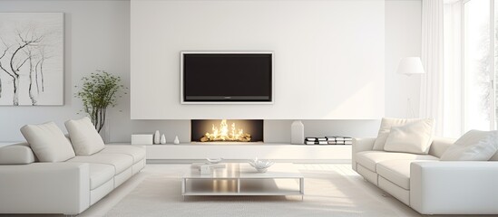 Sleek, white living space with fireplace, tv, table, and sofas.