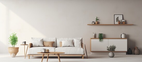 White painted walls surround a living room with a couch, coffee table, and small kitchen area.