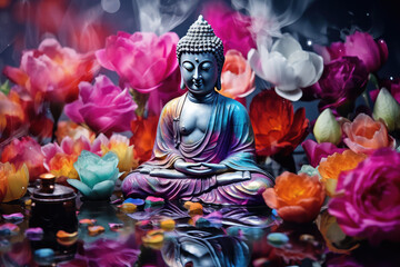 glowing silver buddha and Colorful Lotuses Floral Fusion - obrazy, fototapety, plakaty