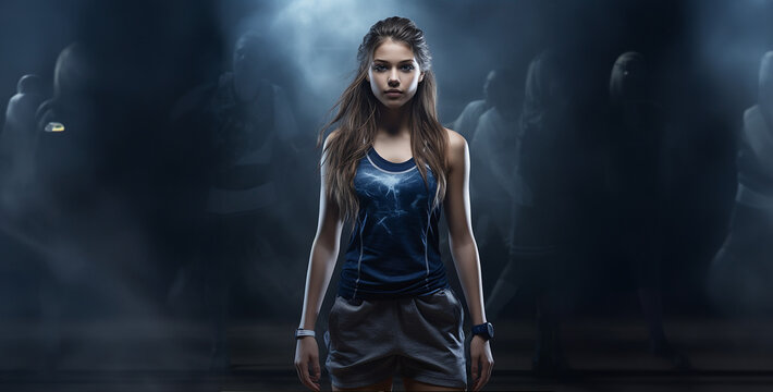 portrait of a woman in studio, a girl basketball player in full growth 