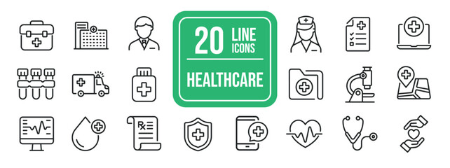 Healthcare thin line icons. Editable stroke. For website marketing design, logo, app, template, ui, etc. Vector illustration. - obrazy, fototapety, plakaty