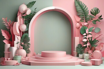Set of pink and white 3D background with products podium arch shape and green lea - obrazy, fototapety, plakaty