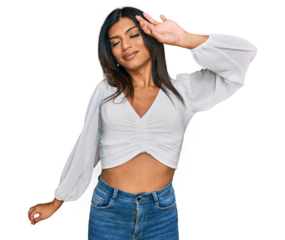 Young latin transsexual transgender woman wearing casual clothes stretching back, tired and relaxed, sleepy and yawning for early morning