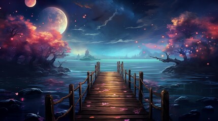 Fototapeta premium A magical twilight scene, a wooden bridge leading to the center of a serene lake, the sky a canvas of vibrant colors