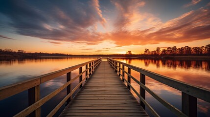 Fototapeta na wymiar A serene sunset over a calm lake with a small wooden dock