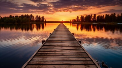 a wooden bridge spanning across a tranquil lake at sunset, warm colors reflecting on the water's surface, the bridge's planks casting long shadows