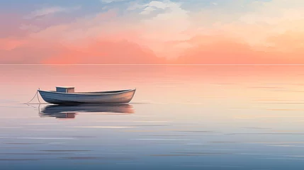 Foto op Canvas a minimalist depiction of a tranquil lake with a few ripples on the water's surface and a single boat or canoe gently floating © Sajib