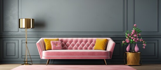Real photo of a retro living room with a patterned carpet, grey color scheme, pink settee, and gold chair.