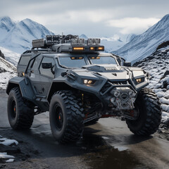 a 4 wheels jeep with anti-tank military design concept in a snowy mountain