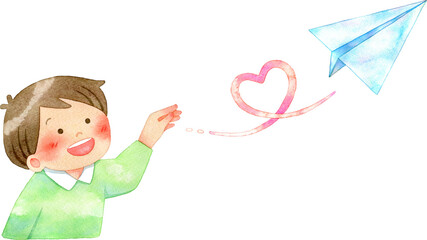 ハートを描く紙飛行機を飛ばす子供(男の子)の水彩イラスト