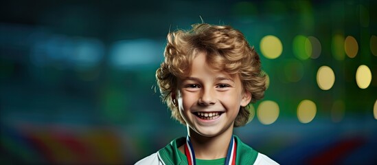 Smiling boy with medal and soccer ball in sports attire, camera shot. - Powered by Adobe