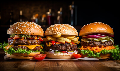 Set of three Burgers on wooden table with dark bar background. Fast food meal. Various burgers, vegan burger, hamburger, cheeseburger. Grill burger, side view food photo, burger composition.