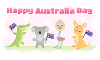 Happy Australia Day. Greeting card with cute funny australian animals. Cartoon koala bear, crocodile, ostrich  emu and kangaroo hold Australian flags. Simple vector illustration. Children's style.
