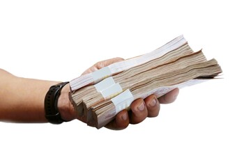 His left hand holds four bundles of banknotes. on a white background