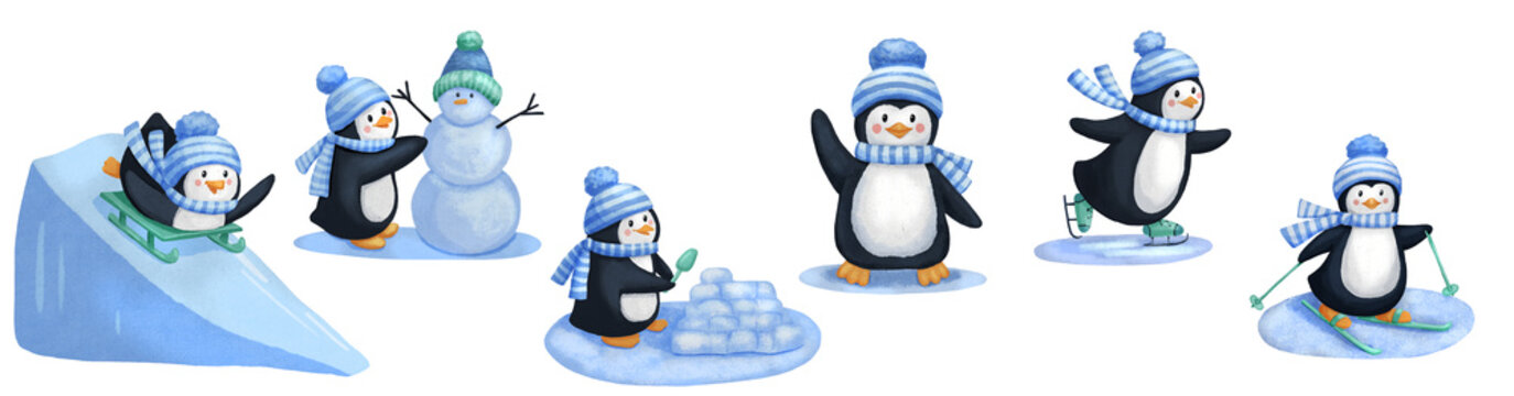 Cute penguin in hat and scarf makes snowman, skiing, sledding and ice skating. Childish hand drawn watercolor character set isolated on white background. Winter activity