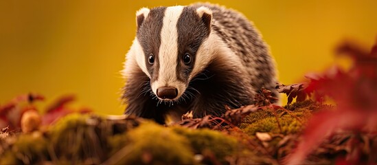 European badger, Meles meles, foraging in autumn woodland habitat with moss and heather.
