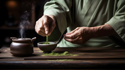 A man holds a tea ceremony with matcha and green tea