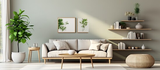 Trendy Scandinavian living room with gray sofa, wooden coffee table, shelf, carpet, rattan pouf, plants, picture frame, lamp, and elegant decor.