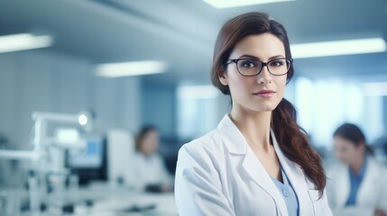 A young woman scientist wearing white coat and optical glasses, Generative AI.