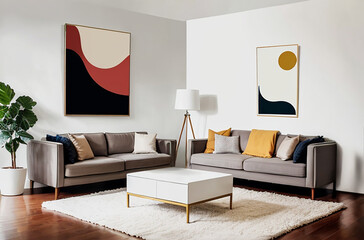 Mismatched couches in a living room scene with modern abstract art