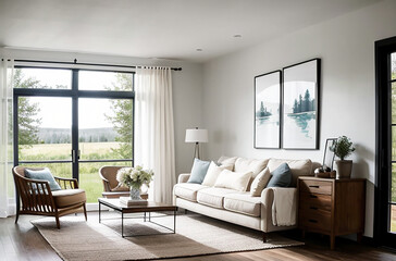 Fototapeta premium Modern white and blue living room with rug, wooden flooring, and beautiful view of a field in the background