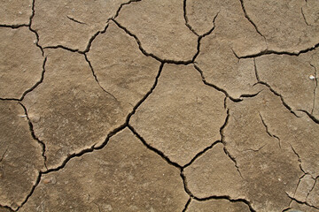 deep cracks in the exposed bottom of a dried-up river
