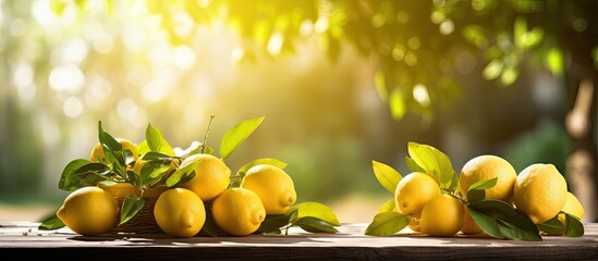 Freshly picked lemons on wooden table, in front of lemon trees, under sunlight.