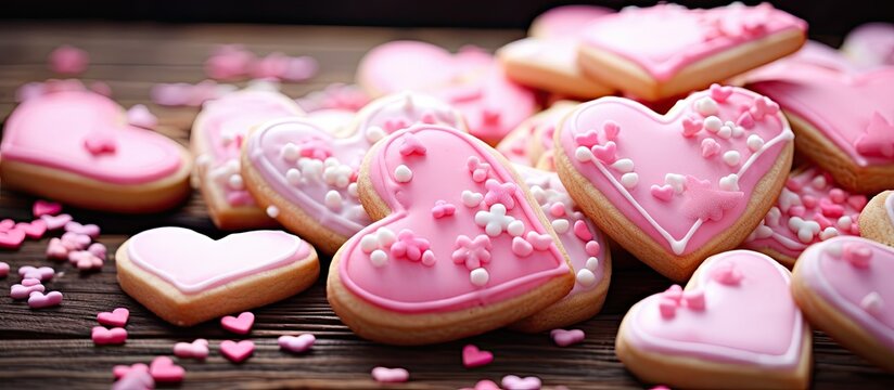 Valentine's Day cookies: pink heart-shaped, icing drizzled, with little heart sprinkles.