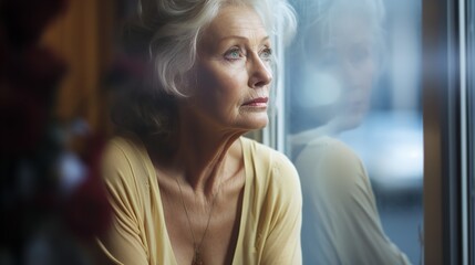 Worried hot elderly woman looking in window. Ai generative - obrazy, fototapety, plakaty