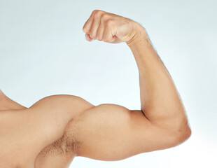 Fitness, bicep flex and closeup of man in studio for wellness, training or workout results on white background. Body, exercise and male model zoom with strong arm pose for strength or muscle growth