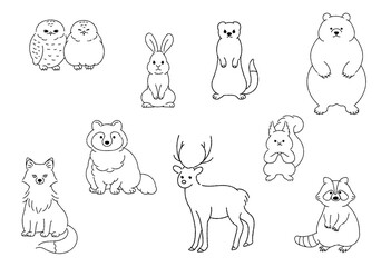 Fototapeta premium 森の動物たちの線画イラスト素材