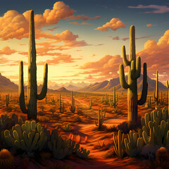 A surreal desert with giant cacti and a setting sun. - obrazy, fototapety, plakaty