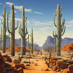 A surreal desert with giant cacti and a setting sun.