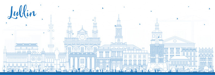 Outline Lublin Poland city skyline with blue buildings on white. Lublin cityscape with landmarks. Business travel and tourism concept with modern and historic architecture.