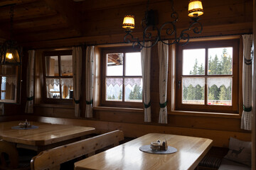 Austrian cafe in a wooden house overlooking the forest