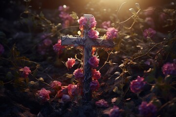 Fototapeta na wymiar Cross of Jesus Christ with colorful flowers in a cemetery
