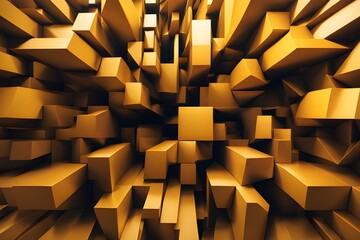 Abstract 3D geometric perspective block shape pattern design in golden yellow color for use as desktop wallpaper landscape, background graphic on web pages or profile banner picture in social media.