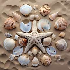 A symmetrical arrangement of shells on a sandy beach