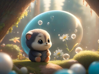 Bubbles with living things inside  The background is a lush forest.