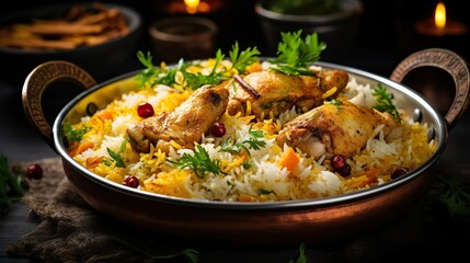 Fototapeta premium Chicken biryani in a shiny silver bowl, Spicy curry and aromatic flavors, authentic Indian food, serving fancy food in a restaurant.