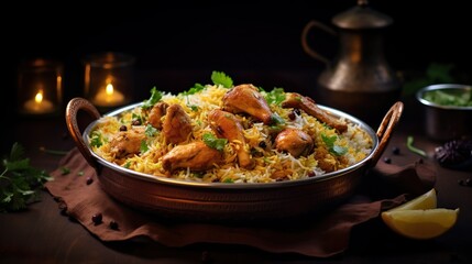 Chicken biryani in a shiny silver bowl, Spicy curry and aromatic flavors, authentic Indian food, serving fancy food in a restaurant. - obrazy, fototapety, plakaty