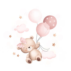 Watercolor Illustration cute teddy bear flying with balloons