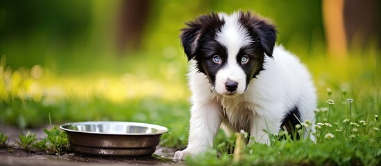 Border collie puppy drinking water from bowl in park.